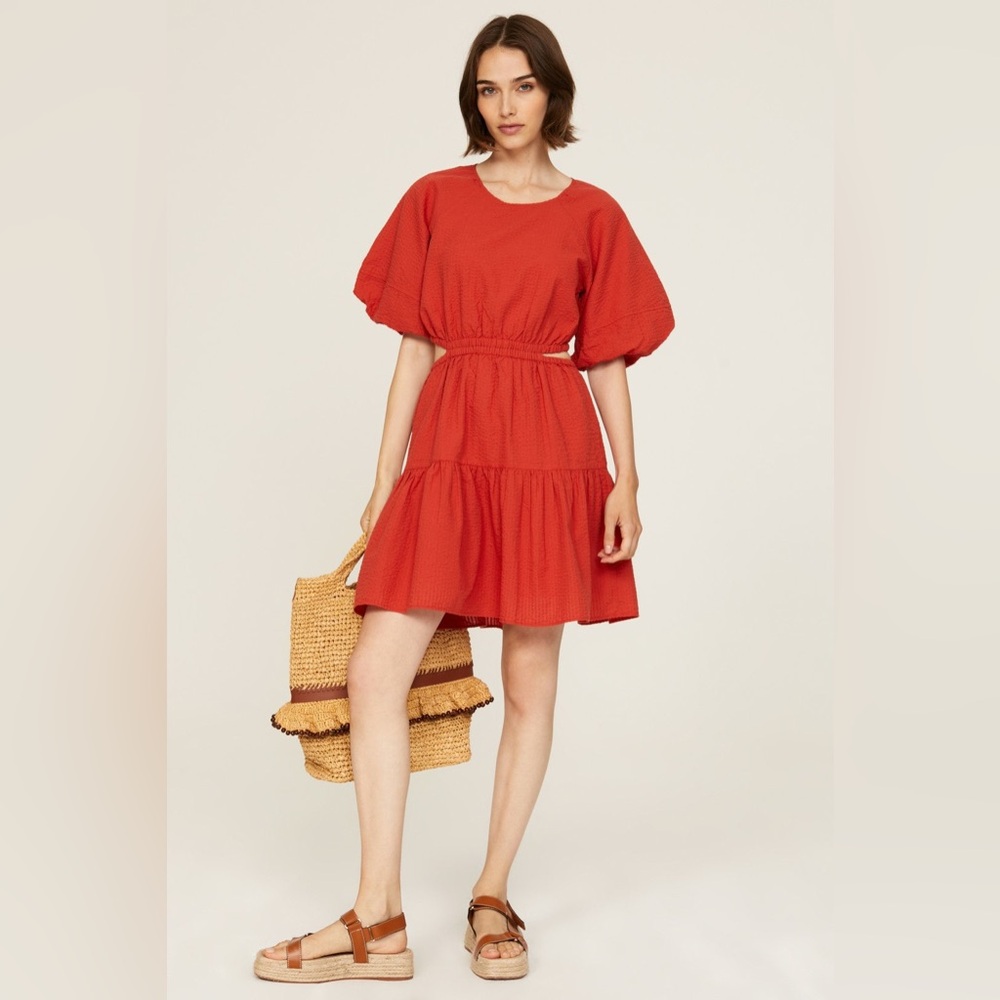 Madewell Seersucker Puff Sleeve Cut Out Dress Size XL Rust Orange NWT